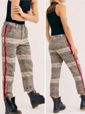 FREE PEOPLE Good Vibes Plaid Straight-Leg Pants w Red Side Stripe